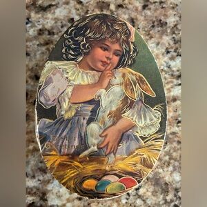 Easter Vintage Style Oval Plastic Tin with Girl and Rabbit